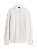 TOMMY HILFIGER Wool Cable Knit Long Sleeve Polo Shirt Ivory Petal