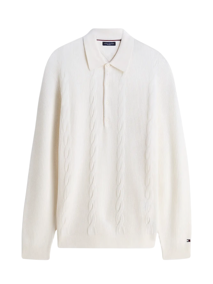 TOMMY HILFIGER Wool Cable Knit Long Sleeve Polo Shirt Ivory Petal