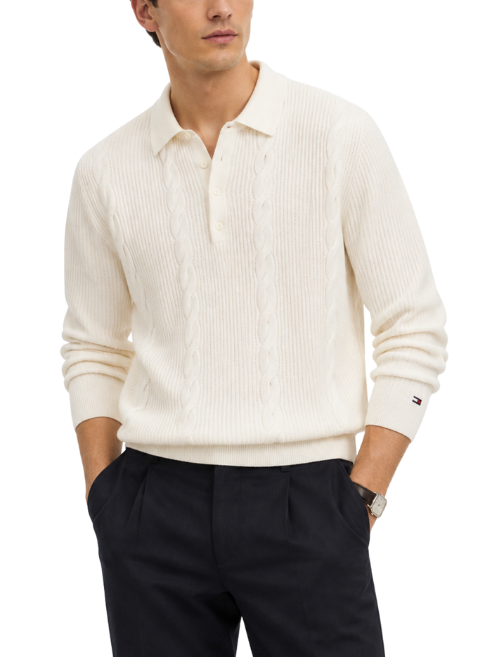 TOMMY HILFIGER Wool Cable Knit Long Sleeve Polo Shirt Ivory Petal