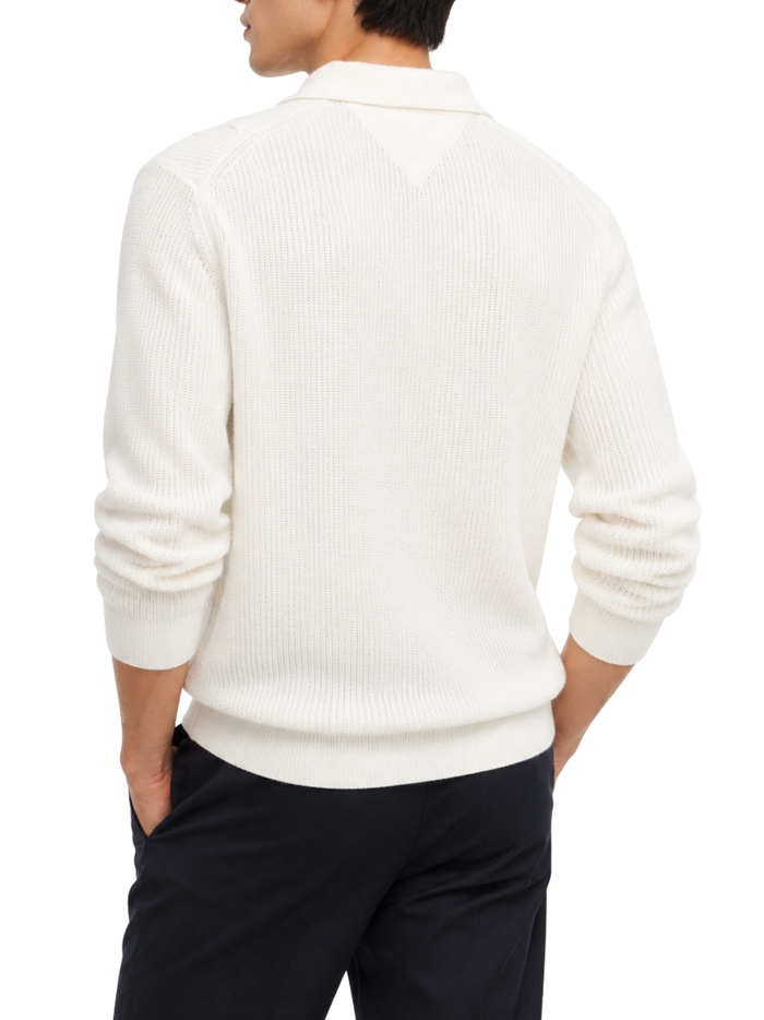 TOMMY HILFIGER Wool Cable Knit Long Sleeve Polo Shirt Ivory Petal