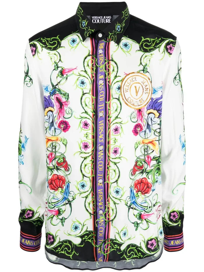 VERSACE MEN V Emblem Garden Print Shirt White/Multi - MAISONDEFASHION.COM
