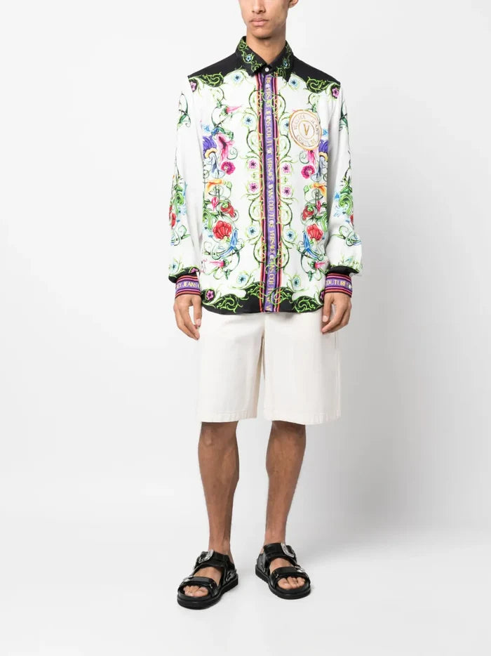 VERSACE MEN V Emblem Garden Print Shirt White/Multi - MAISONDEFASHION.COM