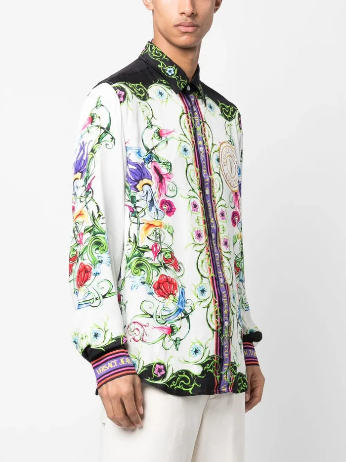 VERSACE MEN V Emblem Garden Print Shirt White/Multi - MAISONDEFASHION.COM