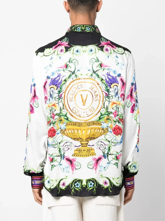 VERSACE MEN V Emblem Garden Print Shirt White/Multi - MAISONDEFASHION.COM