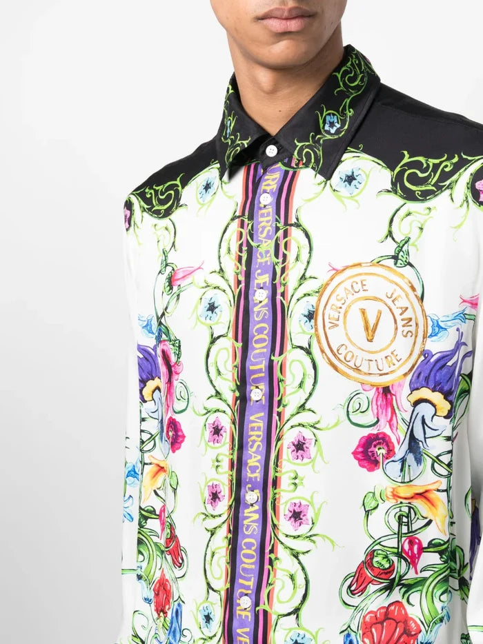 VERSACE MEN V Emblem Garden Print Shirt White/Multi - MAISONDEFASHION.COM
