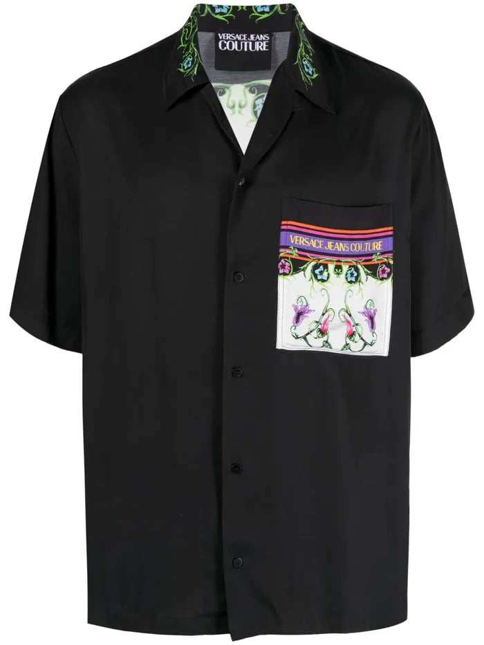 VERSACE MEN V Emblem Garden Print Short Sleeve Shirt Black/Multi - MAISONDEFASHION.COM