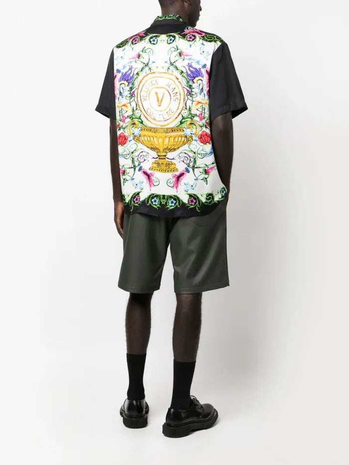 VERSACE MEN V Emblem Garden Print Short Sleeve Shirt Black/Multi - MAISONDEFASHION.COM