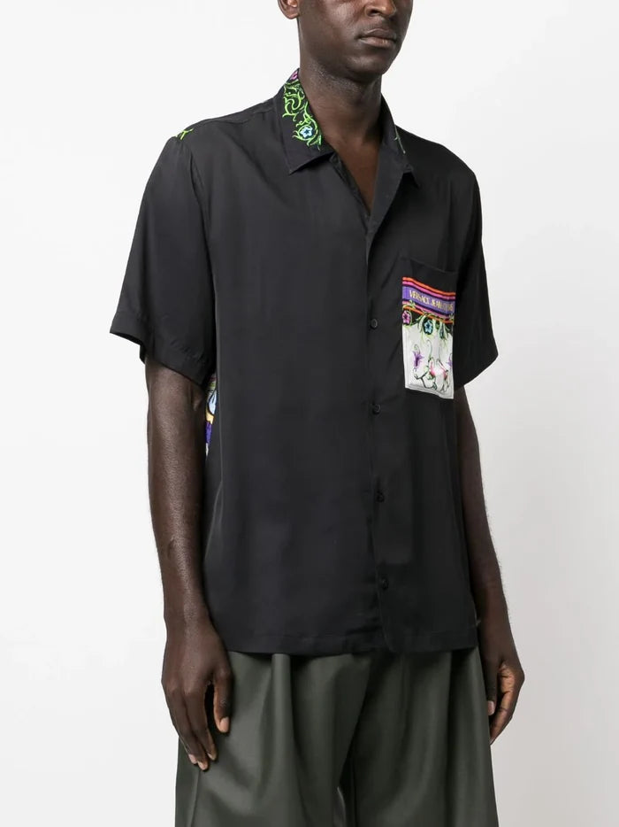 VERSACE MEN V Emblem Garden Print Short Sleeve Shirt Black/Multi - MAISONDEFASHION.COM