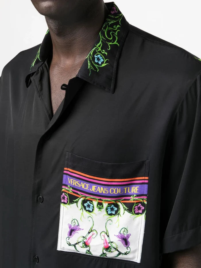 VERSACE MEN V Emblem Garden Print Short Sleeve Shirt Black/Multi - MAISONDEFASHION.COM