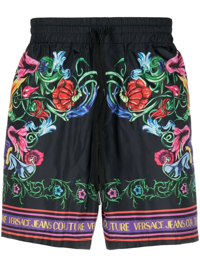 VERSACE MEN V Emblem Garden Print Shorts Black/Multi - MAISONDEFASHION.COM