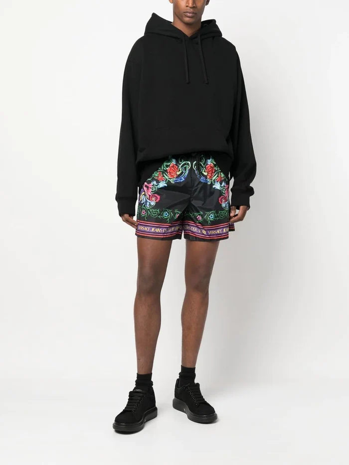 VERSACE MEN V Emblem Garden Print Shorts Black/Multi - MAISONDEFASHION.COM