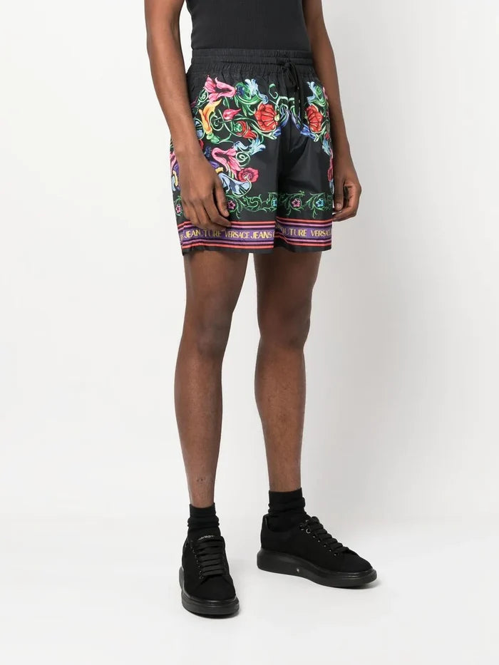 VERSACE MEN V Emblem Garden Print Shorts Black/Multi - MAISONDEFASHION.COM