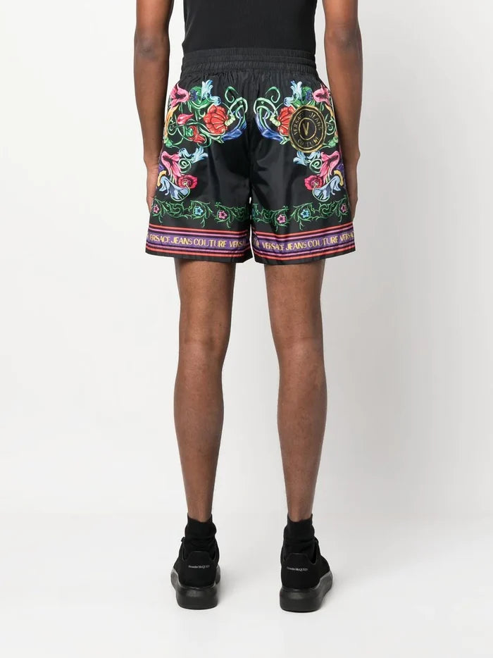 VERSACE MEN V Emblem Garden Print Shorts Black/Multi - MAISONDEFASHION.COM