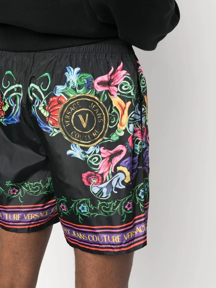 VERSACE MEN V Emblem Garden Print Shorts Black/Multi - MAISONDEFASHION.COM