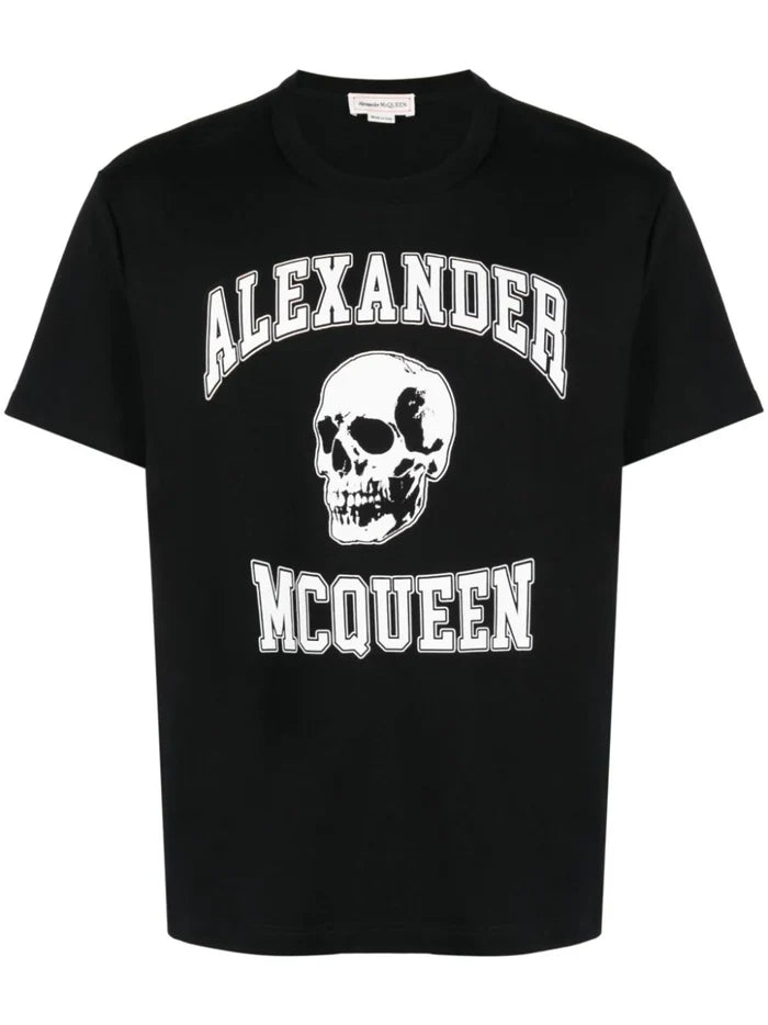 ALEXANDER MCQUEEN Varsity Logo Printed T-Shirt Black/Ivory - MAISONDEFASHION.COM