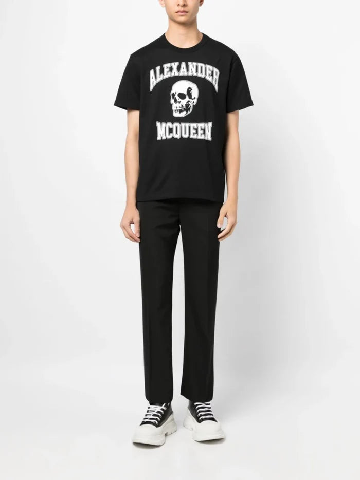 ALEXANDER MCQUEEN Varsity Logo Printed T-Shirt Black/Ivory - MAISONDEFASHION.COM