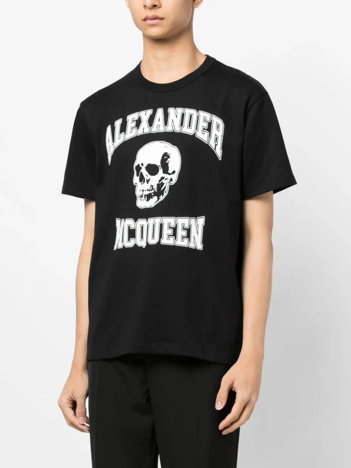 ALEXANDER MCQUEEN Varsity Logo Printed T-Shirt Black/Ivory - MAISONDEFASHION.COM