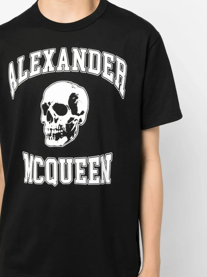 ALEXANDER MCQUEEN Varsity Logo Printed T-Shirt Black/Ivory - MAISONDEFASHION.COM