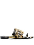 VERSACE WOMEN Baroque Logo Print Open Toe Mules Black/Gold - MAISONDEFASHION.COM