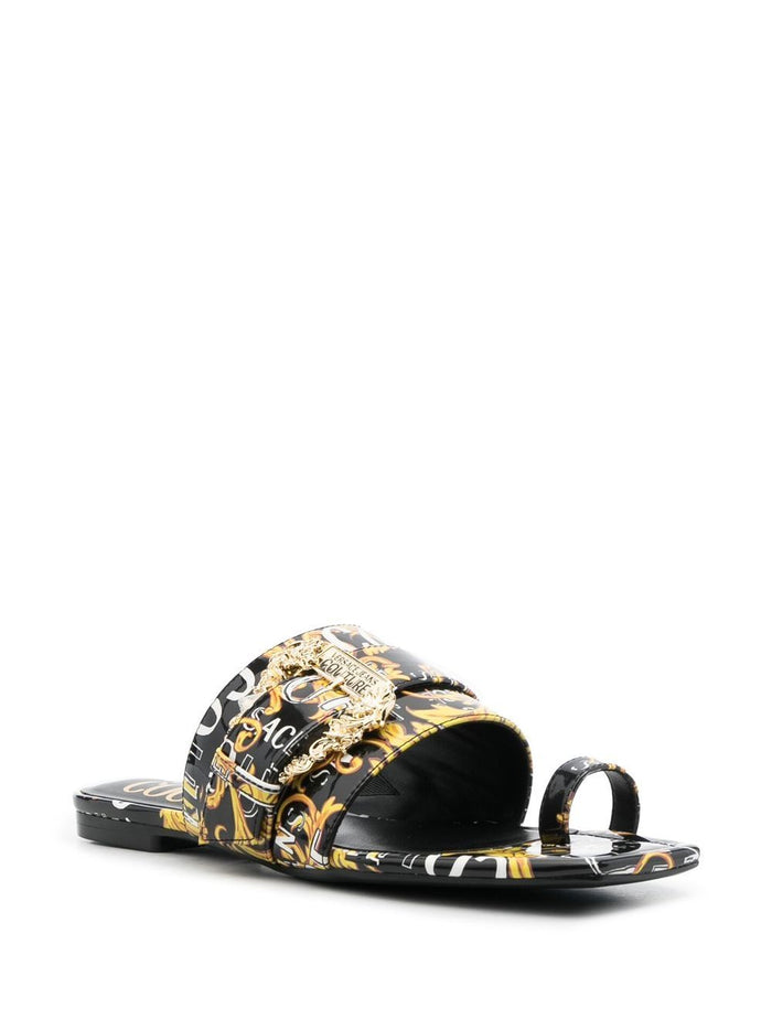 VERSACE WOMEN Baroque Logo Print Open Toe Mules Black/Gold - MAISONDEFASHION.COM