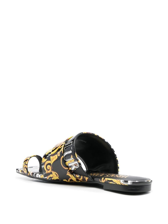 VERSACE WOMEN Baroque Logo Print Open Toe Mules Black/Gold - MAISONDEFASHION.COM