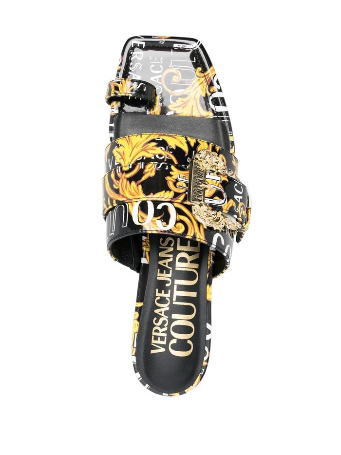 VERSACE WOMEN Baroque Logo Print Open Toe Mules Black/Gold - MAISONDEFASHION.COM