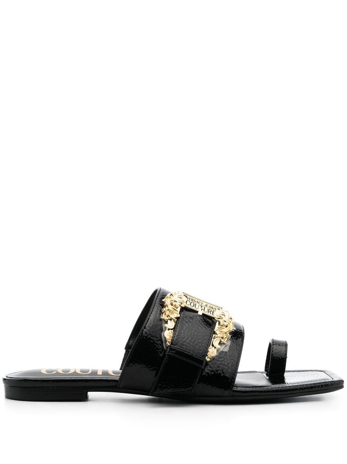 VERSACE WOMEN Buckle Fastening Open Toe Mules Black/Gold - MAISONDEFASHION.COM