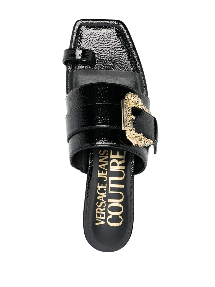 VERSACE WOMEN Buckle Fastening Open Toe Mules Black/Gold - MAISONDEFASHION.COM