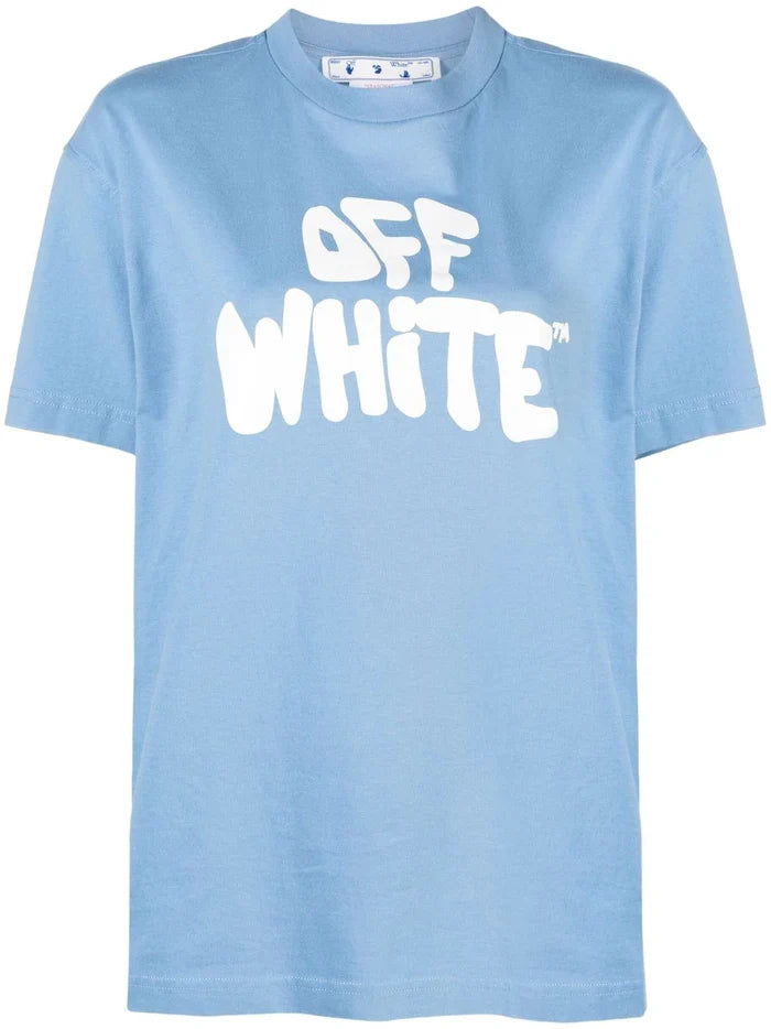 OFF-WHITE WOMEN 70s Type Logo Casual Tee Blue/White - MAISONDEFASHION.COM