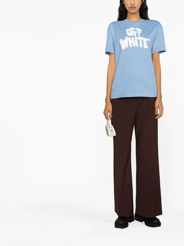 OFF-WHITE WOMEN 70s Type Logo Casual Tee Blue/White - MAISONDEFASHION.COM