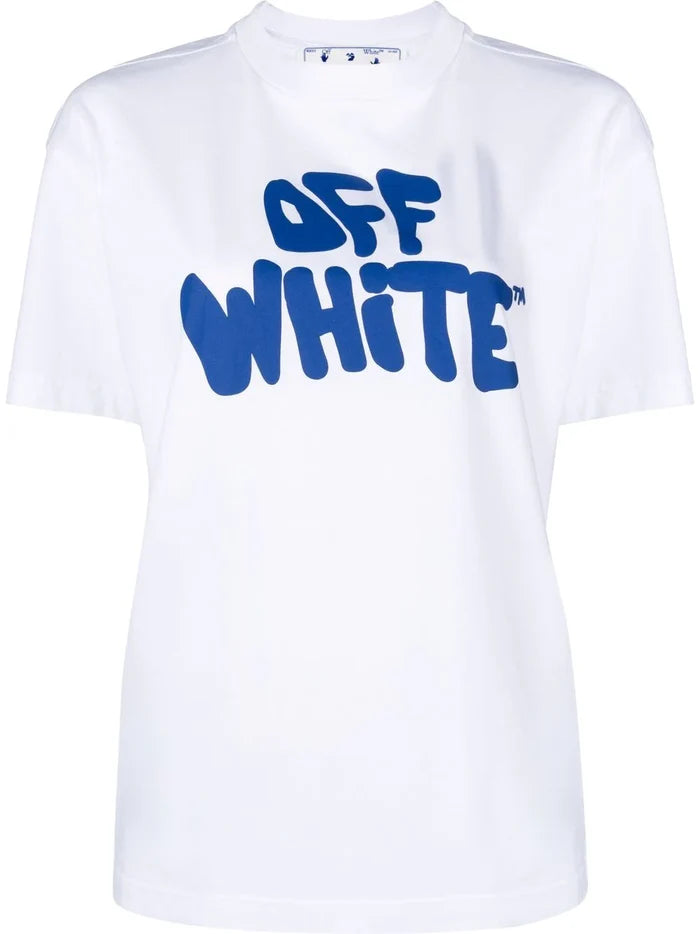 OFF-WHITE WOMEN 70s Type Logo Casual Tee White/Blue - MAISONDEFASHION.COM