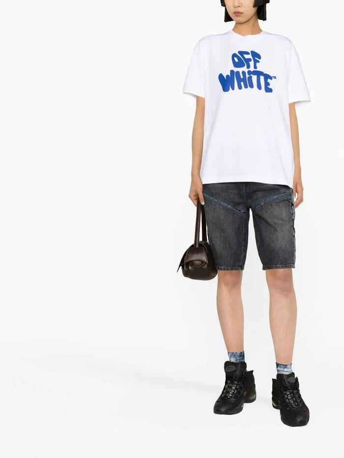 OFF-WHITE WOMEN 70s Type Logo Casual Tee White/Blue - MAISONDEFASHION.COM