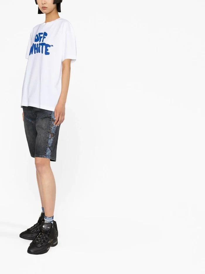 OFF-WHITE WOMEN 70s Type Logo Casual Tee White/Blue - MAISONDEFASHION.COM
