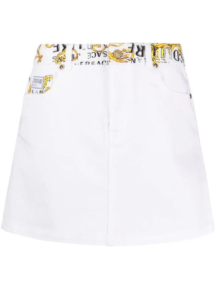 VERSACE WOMEN Baroque Logo Panel Print Mini Skirt White/Gold - MAISONDEFASHION.COM