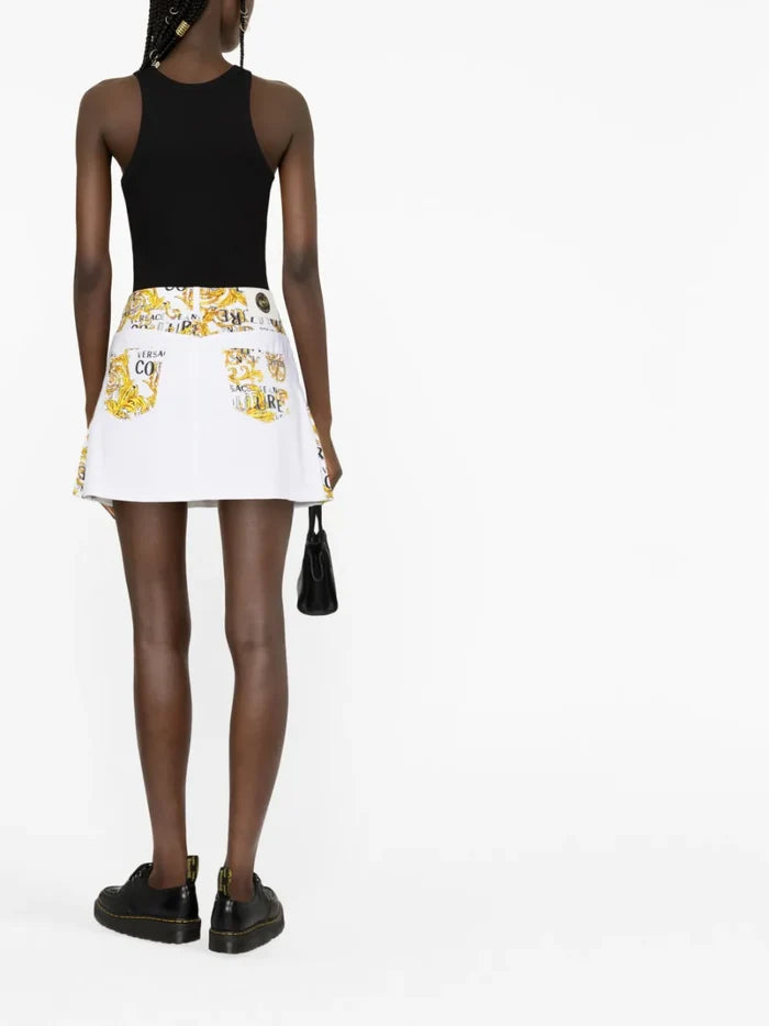 VERSACE WOMEN Baroque Logo Panel Print Mini Skirt White/Gold - MAISONDEFASHION.COM