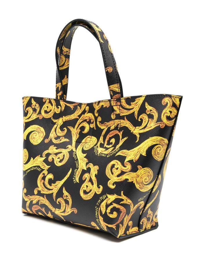 VERSACE WOMEN Baroque Logo Plaque Tote Bag Black/Gold - MAISONDEFASHION.COM
