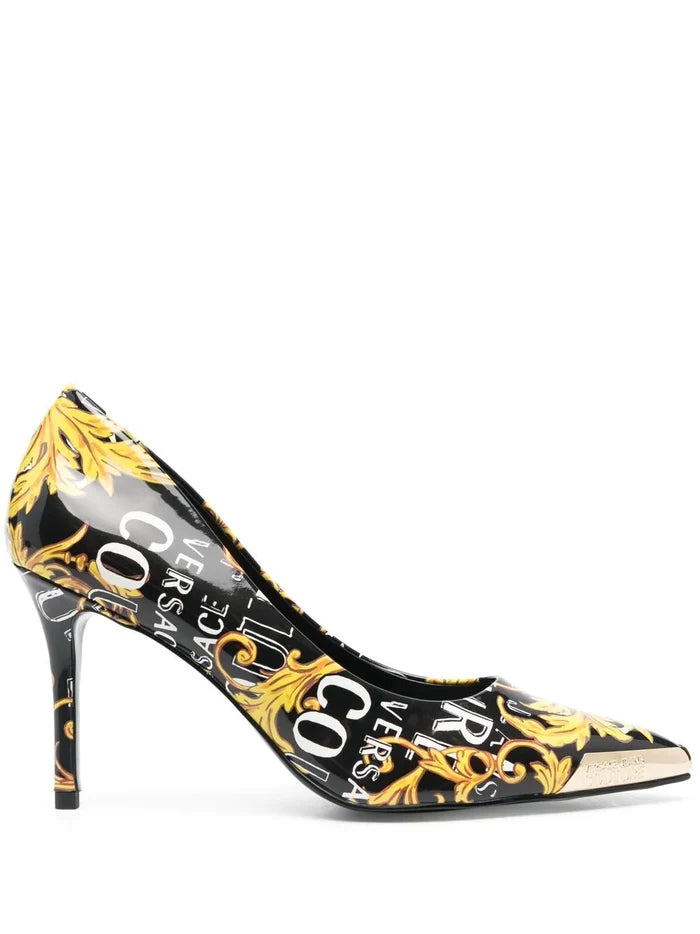 VERSACE WOMEN Baroque Logo Print Heel Pumps Black/Gold - MAISONDEFASHION.COM