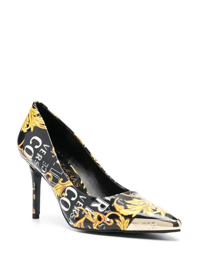 VERSACE WOMEN Baroque Logo Print Heel Pumps Black/Gold - MAISONDEFASHION.COM