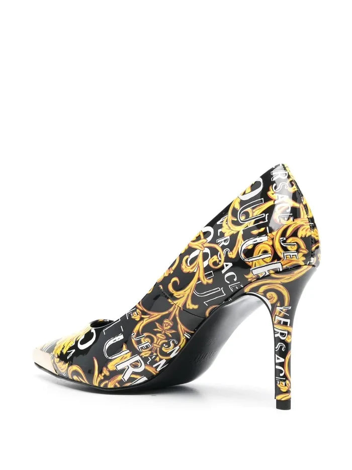 VERSACE WOMEN Baroque Logo Print Heel Pumps Black/Gold - MAISONDEFASHION.COM