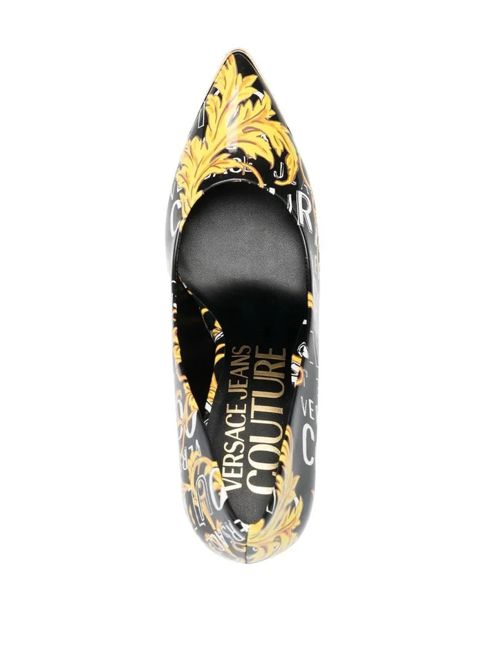 VERSACE WOMEN Baroque Logo Print Heel Pumps Black/Gold - MAISONDEFASHION.COM