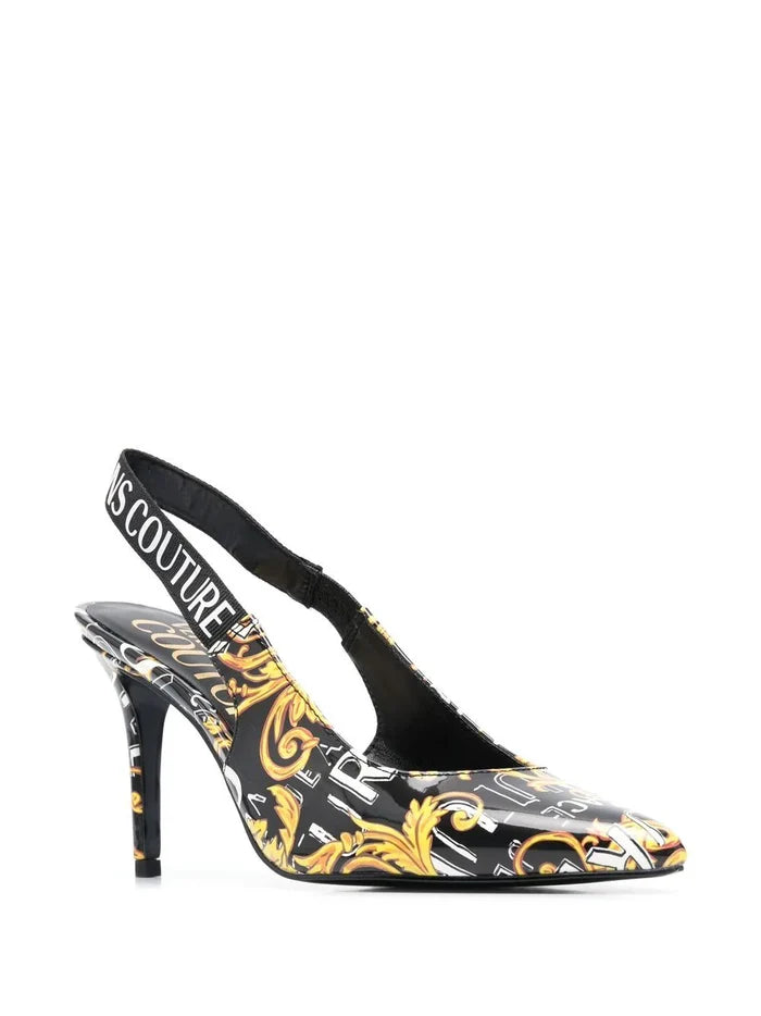 VERSACE WOMEN Baroque Logo Print Heel Slingback Pumps Black/Gold - MAISONDEFASHION.COM