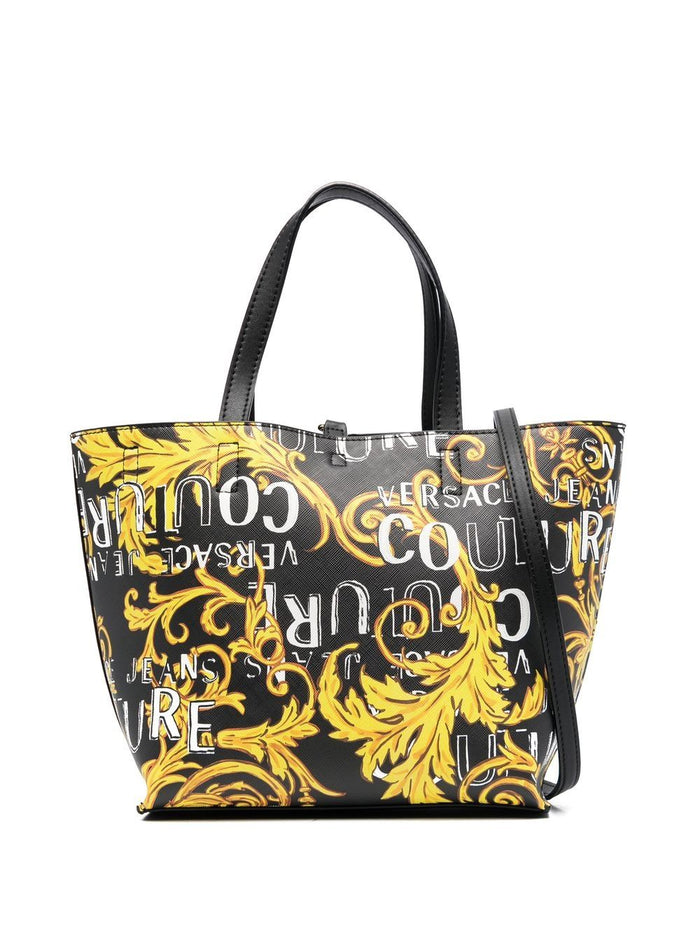 VERSACE WOMEN Baroque Logo Print Reversible Small Shopping Bag Black/Gold - MAISONDEFASHION.COM