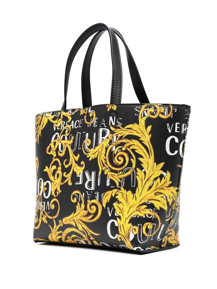 VERSACE WOMEN Baroque Logo Print Reversible Small Shopping Bag Black/Gold - MAISONDEFASHION.COM