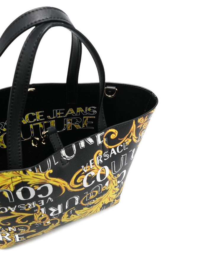 VERSACE WOMEN Baroque Logo Print Reversible Small Shopping Bag Black/Gold - MAISONDEFASHION.COM
