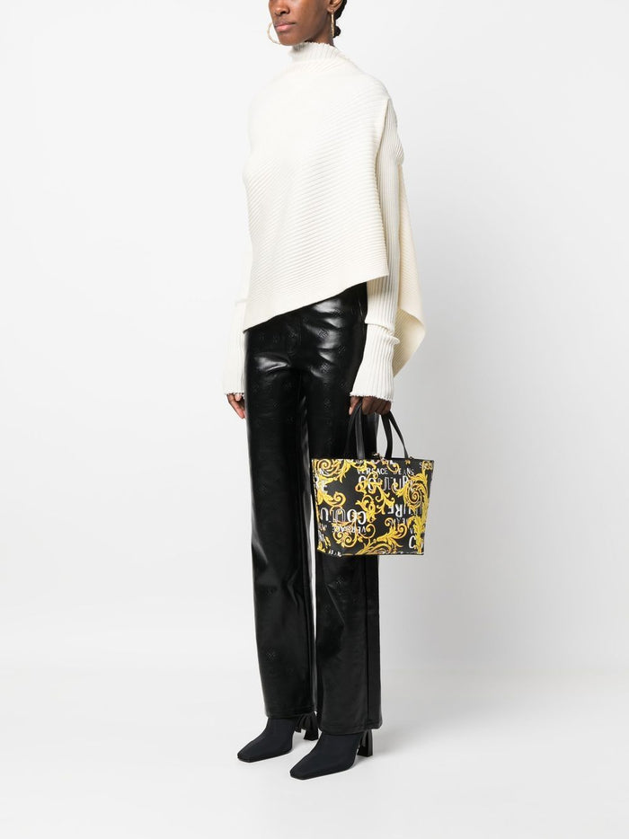 VERSACE WOMEN Baroque Logo Print Reversible Small Shopping Bag Black/Gold - MAISONDEFASHION.COM