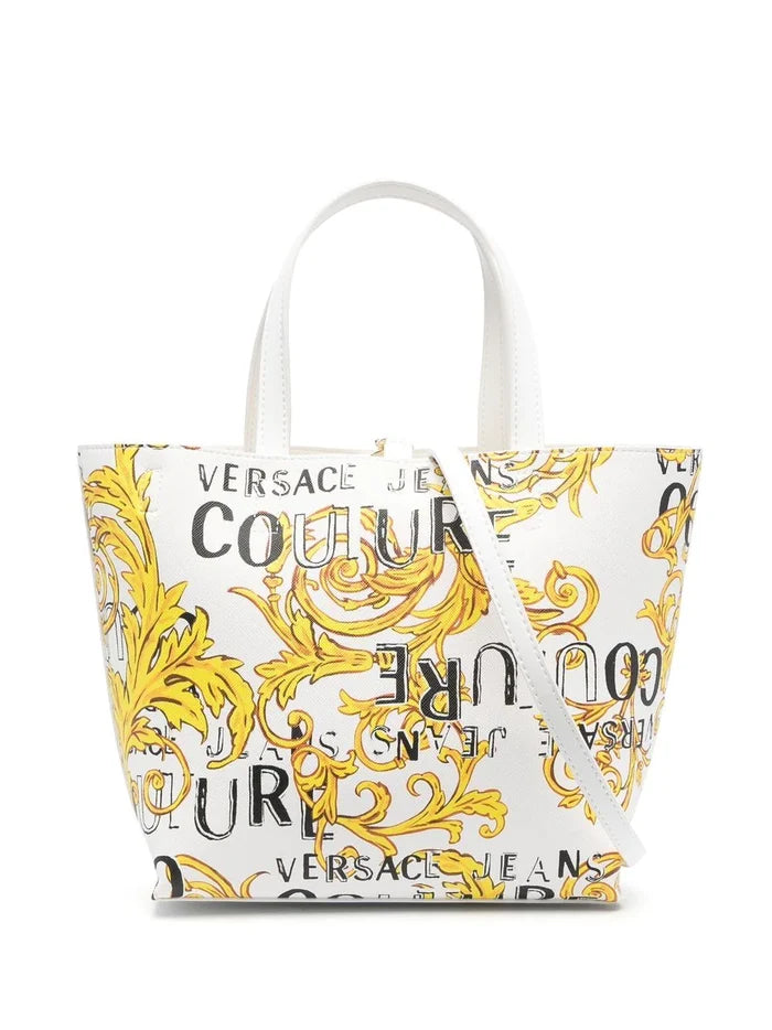 VERSACE WOMEN Baroque Logo Print Reversible Small Shopping Bag White/Gold - MAISONDEFASHION.COM