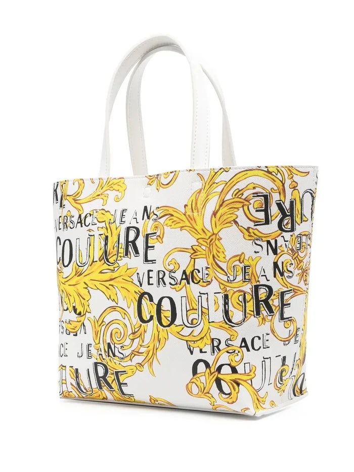 VERSACE WOMEN Baroque Logo Print Reversible Small Shopping Bag White/Gold - MAISONDEFASHION.COM