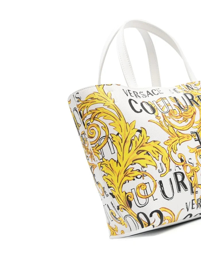 VERSACE WOMEN Baroque Logo Print Reversible Small Shopping Bag White/Gold - MAISONDEFASHION.COM