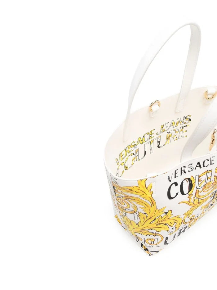 VERSACE WOMEN Baroque Logo Print Reversible Small Shopping Bag White/Gold - MAISONDEFASHION.COM