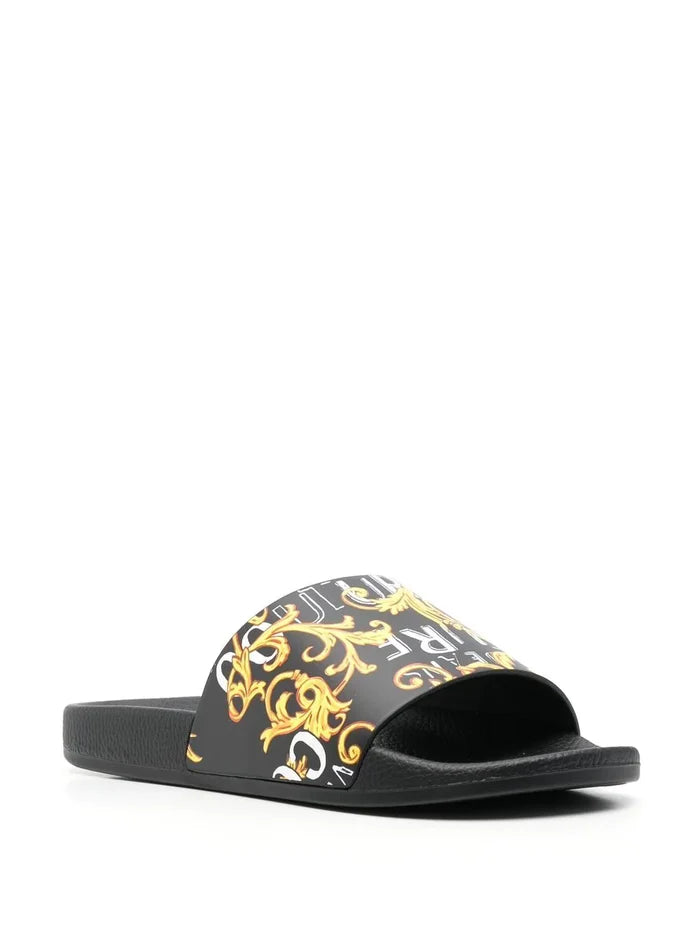 VERSACE WOMEN Baroque Logo Print Sliders Black/Gold - MAISONDEFASHION.COM